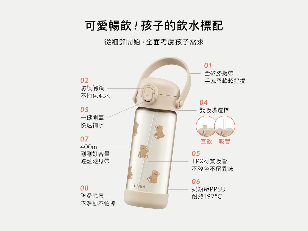 台灣 Simba 小獅王辛巴鉑金 PPSU 兒童吸管水壺 400ml | 香港原裝正貨防漏學飲水杯